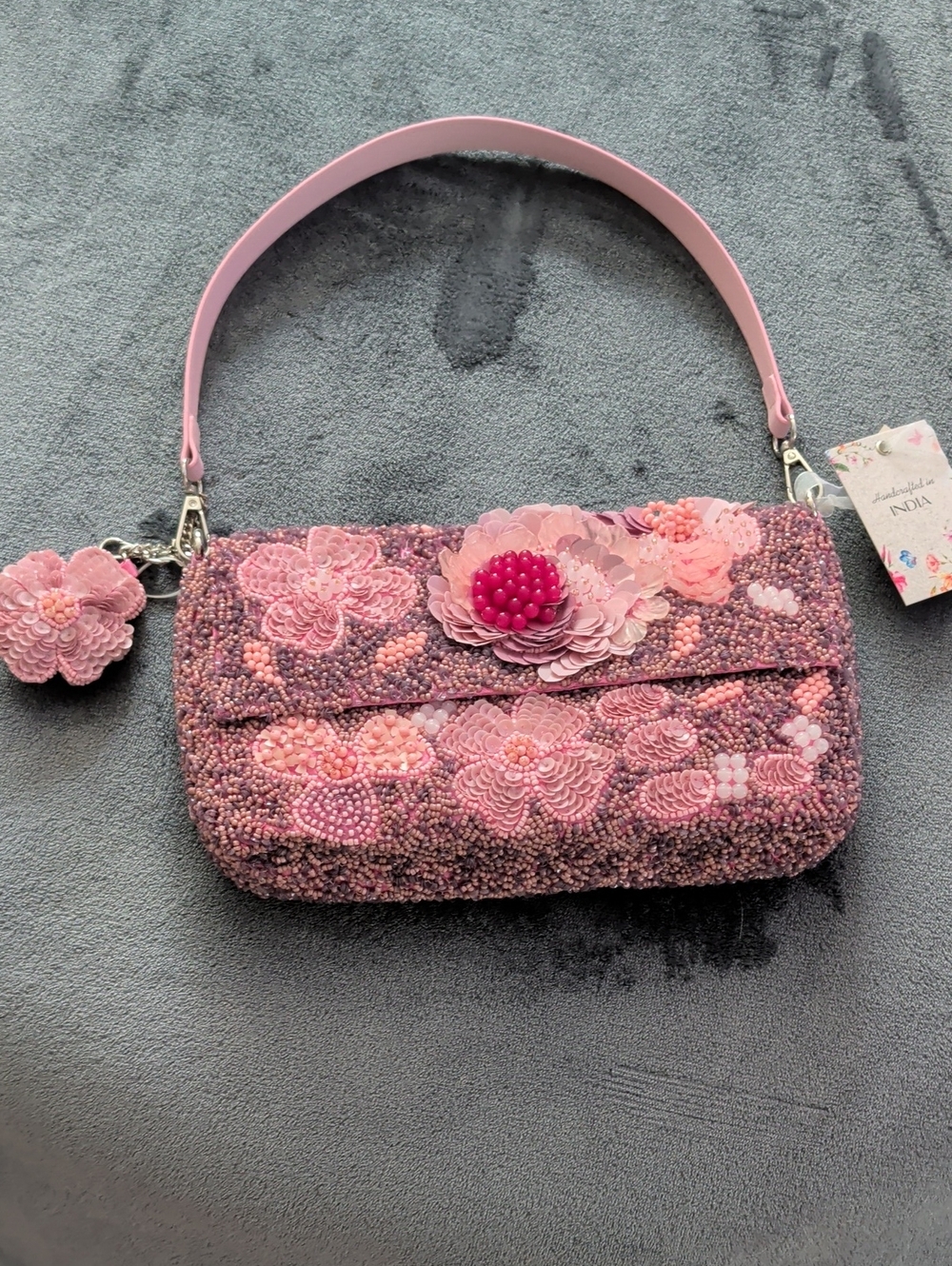 Embellished Pink Floral Beaded Shoulder Bag
